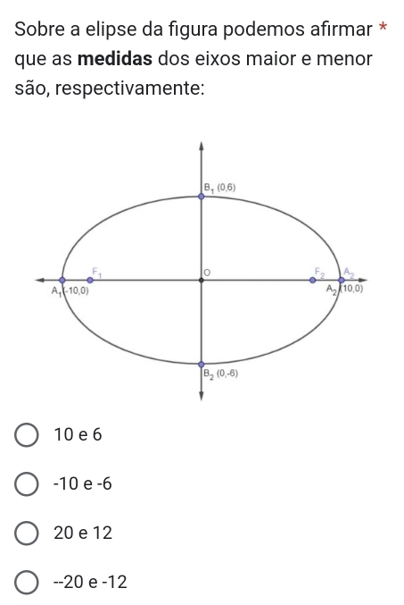 Sobre a elipse da figura podemos afirmar *
que as medidas dos eixos maior e menor
são, respectivamente:
10 e 6
-10 e -6
20 e 12
--20 e -12