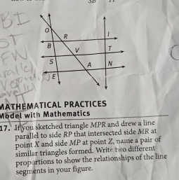 ∴D 
MATHÉMATICAL PRACTICES 
Model with Mathematics 
17. If you sketched triangle MPR and drew a line 
parallel to side RP that intersected side MR at 
point X and side MP at point Z, name a pair of 
similar triangles formed. Write two different 
proportions to show the relationships of the line 
segments in your figure.