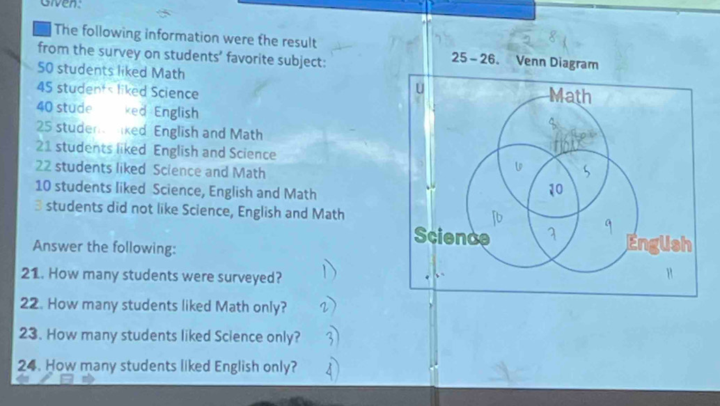 Given: 
The following information were the result 25 - 26. Venn Diagram 
from the survey on students’ favorite subject:
50 students liked Math
45 students liked Science
40 stude ked English
25 studer ked English and Math
21 students liked English and Science
22 students liked Science and Math
10 students liked Science, English and Math
3 students did not like Science, English and Math 
Answer the following: 
21. How many students were surveyed? 
22. How many students liked Math only? 
23. How many students liked Science only? 
24. How many students liked English only?