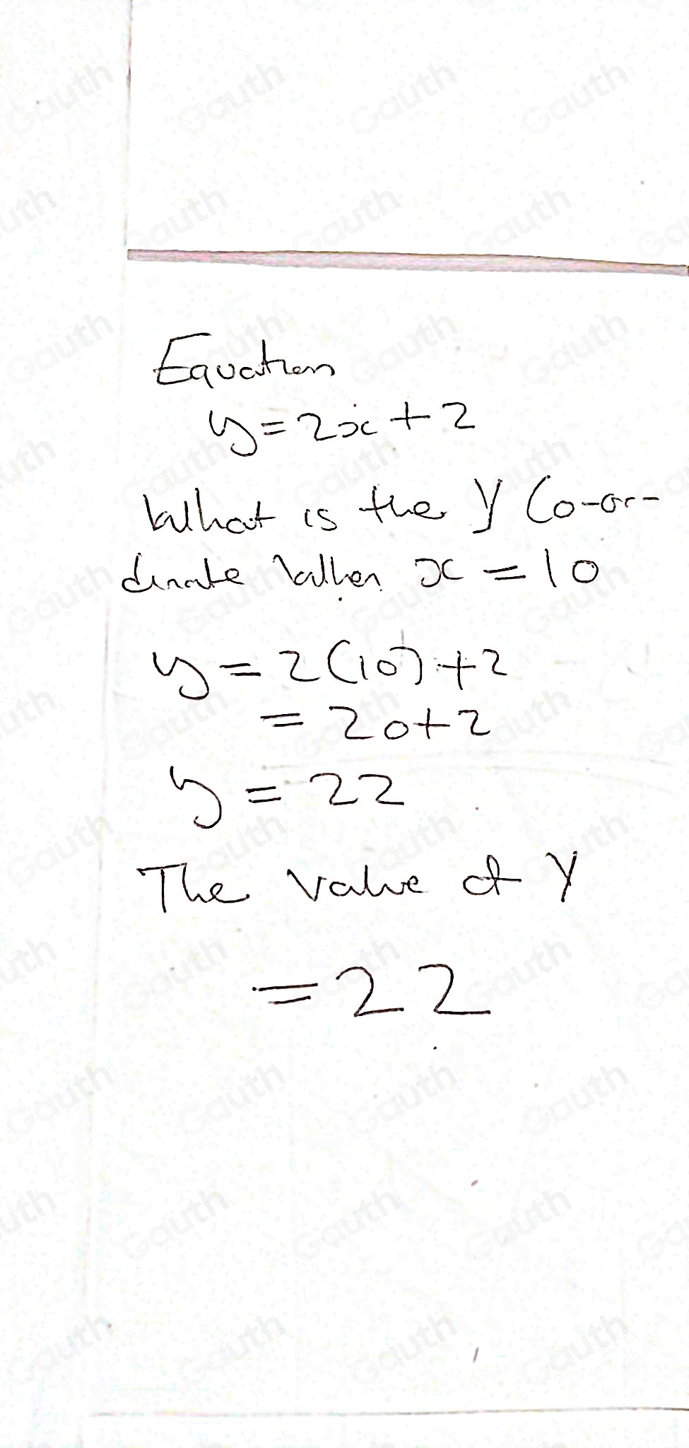 Solved: Equation: y=2x+2 Identify the y-coordinate. (10,[?]) Assume ...