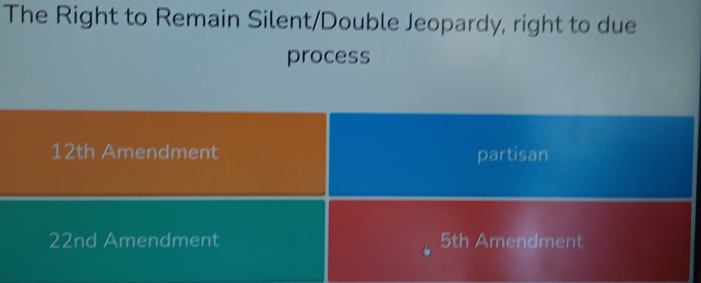 The Right to Remain Silent/Double Jeopardy, right to due
process
12th Amendment
partisan
22nd Amendment 5th Amendment