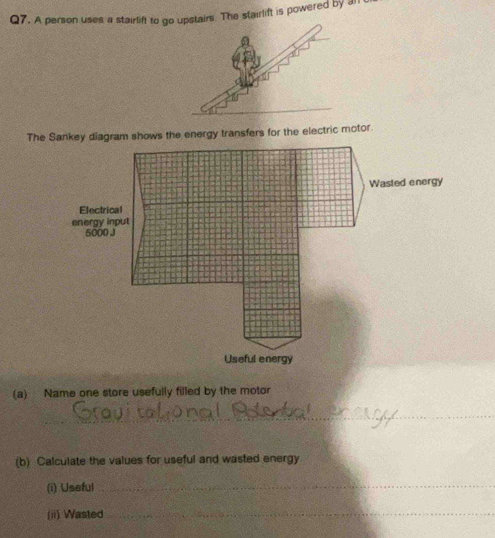 A person uses a stairlift to go upstairs. The stairlift is powered by æ 
(a) Name one store usefully filled by the motor 
_ 
_ 
(b) Calculate the values for useful and wasted energy 
(i) Useful_ 
(ii) Wasted_