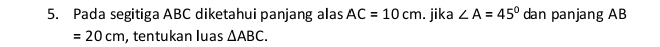 Pada segitiga ABC diketahui panjang alas AC=10cm. jika ∠ A=45° dan panjang AB
=20cm , tentukan luas △ ABC.