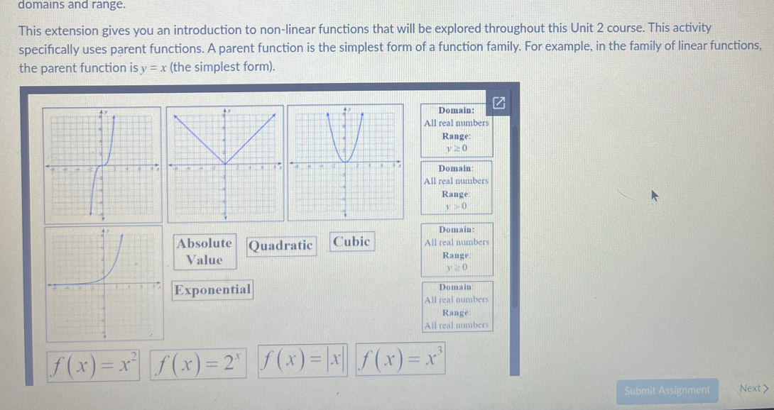 domains and range.
This extension gives you an introduction to non-linear functions that will be explored throughout this Unit 2 course. This activity
specifically uses parent functions. A parent function is the simplest form of a function family. For example, in the family of linear functions,
the parent function is y=x (the simplest form).
Domain: z
All real numbers
Range:
y≥ 0
Domain:
All real numbers
Range
y>0
Domain:
Absolute Quadratic Cubic All real numbers
Value Range
y≥ 0
Exponential Domain
All real numbers
Range
All real numbers
f(x)=x^2 f(x)=2^x f(x)=|x| f(x)=x^3
Submit Assignment Next>