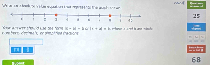 Video ⑥ Questions
Write an absolute value equation that represents the graph shown. answered
25
Your answer should use the form |x-a|=b or |x+a|=b , where a and b are whole elapsed Time
numbers, decimals, or simplified fractions.
∞ 34 3.8
2
0 * SmartScore out of 100 0
Submit
68