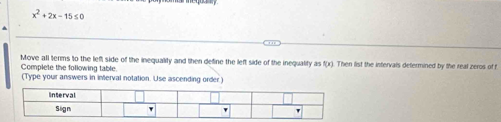 inequalty
x^2+2x-15≤ 0
Move all terms to the left side of the inequality and then define the left side of the inequality as f(x). Then list the intervals determined by the real zeros of f
Complete the following table. 
(Type your answers in interval notation. Use ascending order )