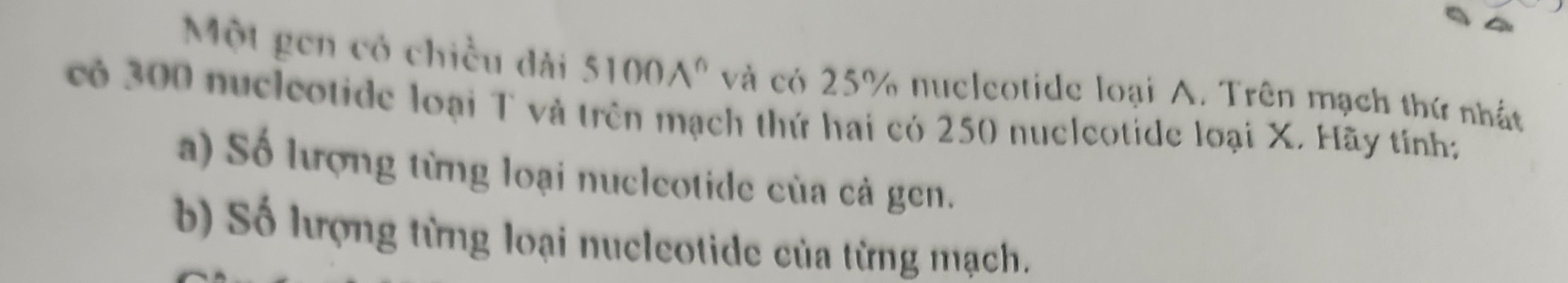 Một gen có chiều đài 5100Aº và có 25% nucleotide loại A. Trên mạch thứ nhật 
có 300 nucleotide loại T và trên mạch thứ hai có 250 nucleotide loại X. Hãy tínhg 
a) Số lượng từng loại nucleotide của cả gen. 
b) Số lượng từng loại nucleotide của từng mạch.