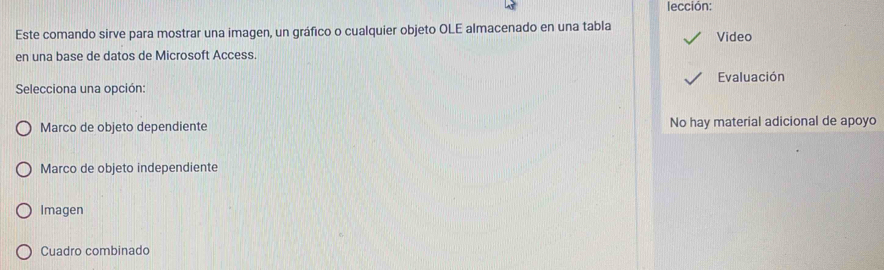 lección:
Este comando sirve para mostrar una imagen, un gráfico o cualquier objeto OLE almacenado en una tabla Video
en una base de datos de Microsoft Access.
Evaluación
Selecciona una opción:
Marco de objeto dependiente No hay material adicional de apoyo
Marco de objeto independiente
Imagen
Cuadro combinado