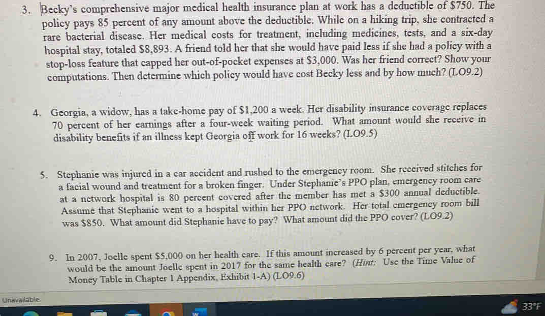 Becky’s comprehensive major medical health insurance plan at work has a deductible of $750. The 
policy pays 85 percent of any amount above the deductible. While on a hiking trip, she contracted a 
rare bacterial disease. Her medical costs for treatment, including medicines, tests, and a six-day 
hospital stay, totaled $8,893. A friend told her that she would have paid less if she had a policy with a 
stop-loss feature that capped her out-of-pocket expenses at $3,000. Was her friend correct? Show your 
computations. Then determine which policy would have cost Becky less and by how much? (LO9.2) 
4. Georgia, a widow, has a take-home pay of $1,200 a week. Her disability insurance coverage replaces
70 percent of her earnings after a four-week waiting period. What amount would she receive in 
disability benefits if an illness kept Georgia off work for 16 weeks? (LO9.5) 
5. Stephanie was injured in a car accident and rushed to the emergency room. She received stitches for 
a facial wound and treatment for a broken finger. Under Stephanie`s PPO plan, emergency room care 
at a network hospital is 80 percent covered after the member has met a $300 annual deductible. 
Assume that Stephanie went to a hospital within her PPO network. Her total emergency room bill 
was $850. What amount did Stephanie have to pay? What amount did the PPO cover? (LO9.2) 
9. In 2007, Joelle spent $5,000 on her health care. If this amount increased by 6 percent per year, what 
would be the amount Joelle spent in 2017 for the same health care? (Hint: Use the Time Value of 
Money Table in Chapter 1 Appendix, Exhibit 1-A) (LO9.6) 
Unavailable 33°F