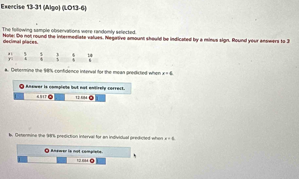 (Algo) (LO13-6)
The following sample observations were randomly selected.
Note: Do not round the intermediate values. Negative amount should be indicated by a minus sign. Round your answers to 3
decimal places.
a. Determine the 98% confidence interval for the mean predicted when x=6. 
Answer is complete but not entirely correct.
t 4.517 12.684 |1
b. Determine the 98% prediction interval for an individual predicted when x=6. 
Answer is not complete.
12.684