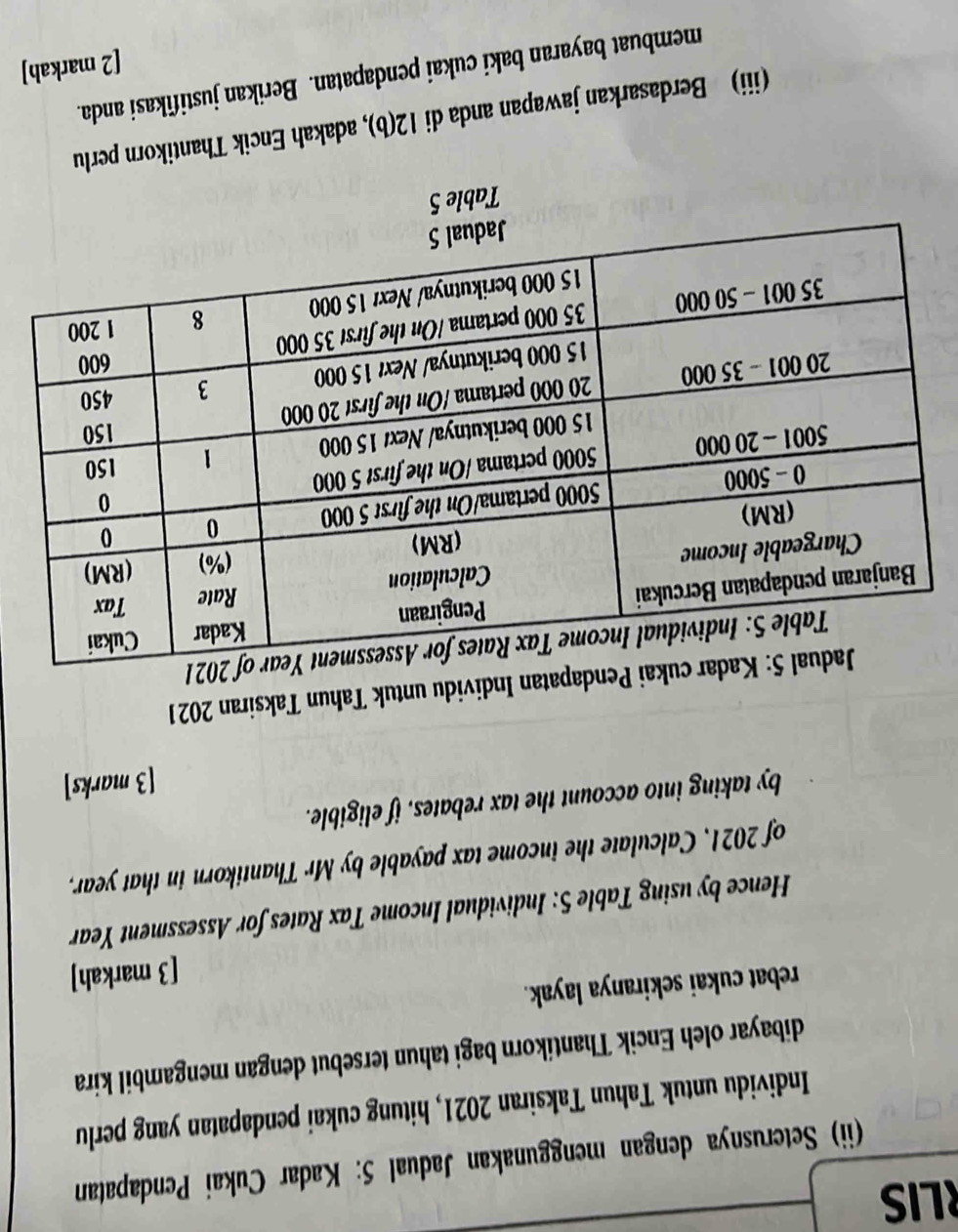 LIS 
(ii) Seterusnya dengan menggunakan Jadual 5: Kadar Cukai Pendapatan 
Individu untuk Tahun Taksiran 2021, hitung cukai pendapatan yang perlu 
dibayar oleh Encik Thantíkorn bagi tahun tersebut dengan mengambil kira 
rebat cukai sekiranya layak. 
[3 markah] 
Hence by using Table 5: Individual Income Tax Rates for Assessment Year 
of 2021, Calculate the income tax payable by Mr Thantikorn in that year. 
by taking into account the tax rebates, if eligible. 
[3 marks] 
n Individu untuk Tahun Taksiran 2021 
Table 5 
(iii) Berdasarkan jawapan anda di 12(b), adakah Encik Thantikorn perlu 
membuat bayaran baki cukai pendapatan. Berikan justifikasi anda. 
[2 markah]