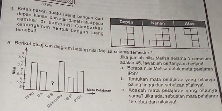 38 cm
4. Ketampakan suatu ruang bangun dar 
depan, kanan, dan atas dapat dliħat pada 
gambar di samping! Gambarkan 
kemungkinan bentuk bangun ruang 
tersebut! 
5. Berikut disajelama semester 1. 
Jika jumlah nilai Melisa selama 1 semester 
adalah 45, jawablah pertanyaan berikut! 
a. Berapa nilai Melisa untuk mata pelajaran 
IPS? 
b. Tentukan mata pelajaran yang nilainya 
paling tinggi dan sebutkan nilainya! 
c. Adakah mata pelajaran yang nilainya 
sama? Jika ada, sebutkan mata pelajaran 
tersebut dan nilainya!