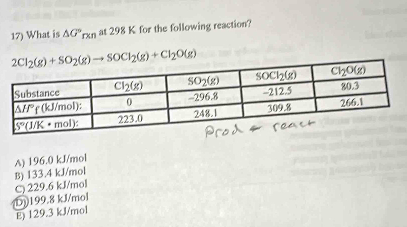 What is △ G°rxn at 298 K for the following reaction?
2Cl_2(g)+SO_2(g)to SOCl_2(g)+Cl_2O(g)
A) 196.0 kJ/mol
B) 133.4 kJ/mol
C) 229.6 kJ/mol
(D) 199.8 kJ/mol
E) 129.3 kJ/mol