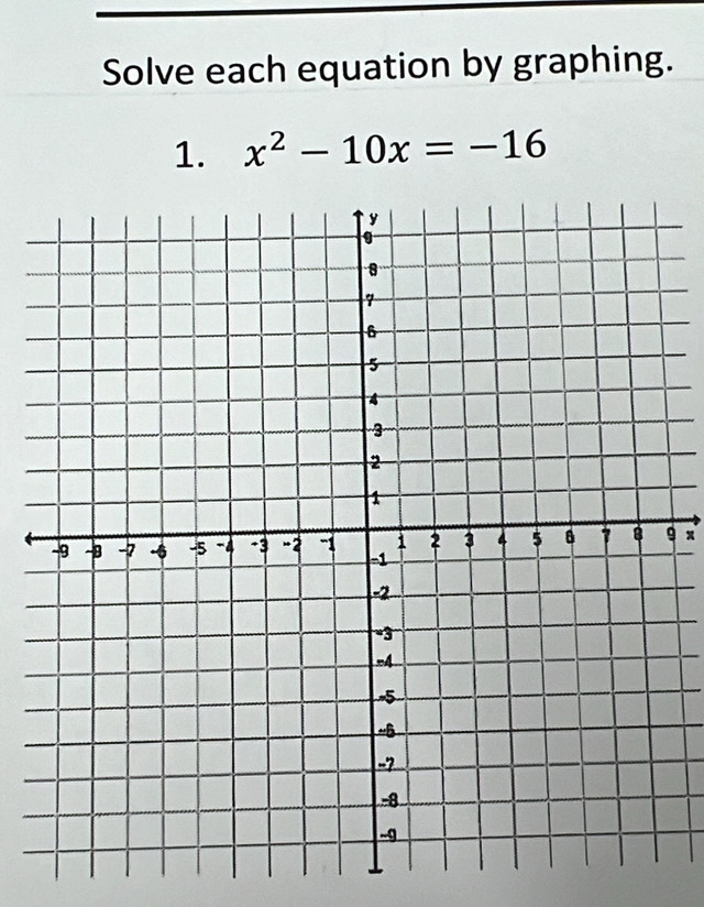 Solve each equation by graphing. 
1. x^2-10x=-16
9 x