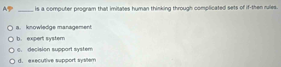 A _is a computer program that imitates human thinking through complicated sets of if-then rules.
a. knowledge management
b. expert system
c. decision support system
d. executive support system