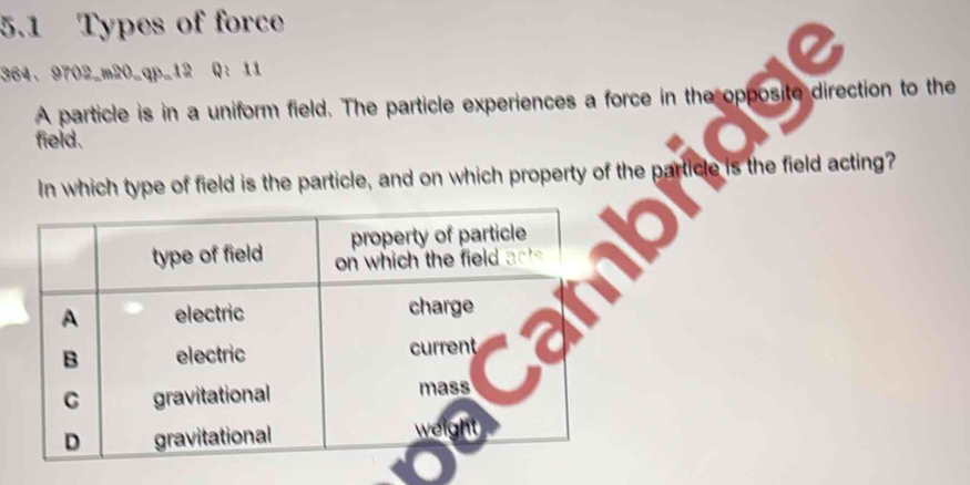 5.1 Types of force
364、 9702 _m20_qp_12 Q: 11 
A particle is in a uniform field. The particle experiences a force in the opposite direction to the 
field. 
In which type of field is the particle, and on which property of the particle is the field acting?