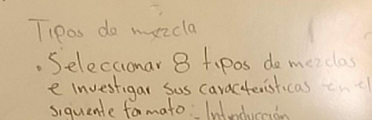 Tipos do mxzcla 
. Seleccionar 8 tipos do merclas 
e investigar sos caracteristicas 
siquente tormato Intnducaion