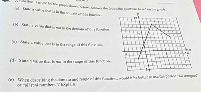 Afunction is given by the graph shown below. Answer the following questions based on the graph. 
(a) State a value that is in the domain of this function. 
(b) State a value that is nor in the domain of this function. 
(c) State a value that is in the range of this function. 
(d) State a value that is nor in the range of this function. 
(e) When describing the domain and range of this function, would it be better to use the phrase “all integers” 
or “all real numbers”? Explain.