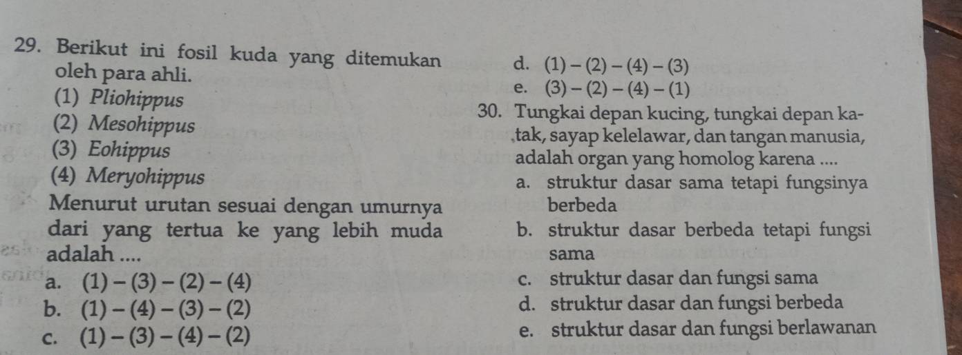 Berikut ini fosil kuda yang ditemukan d. (1)-(2)-(4)-(3)
oleh para ahli.
e. (3)-(2)-(4)-(1)
(1) Pliohippus
30. Tungkai depan kucing, tungkai depan ka-
(2) Mesohippus
tak, sayap kelelawar, dan tangan manusia,
(3) Eohippus adalah organ yang homolog karena ....
(4) Meryohippus a. struktur dasar sama tetapi fungsinya
Menurut urutan sesuai dengan umurnya berbeda
dari yang tertua ke yang lebih muda b. struktur dasar berbeda tetapi fungsi
adalah .... sama
a. (1)-(3)-(2)-(4) c. struktur dasar dan fungsi sama
b. (1)-(4)-(3)-(2) d. struktur dasar dan fungsi berbeda
C. (1)-(3)-(4)-(2) e. struktur dasar dan fungsi berlawanan