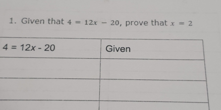 Given that 4=12x-20 , prove that x=2