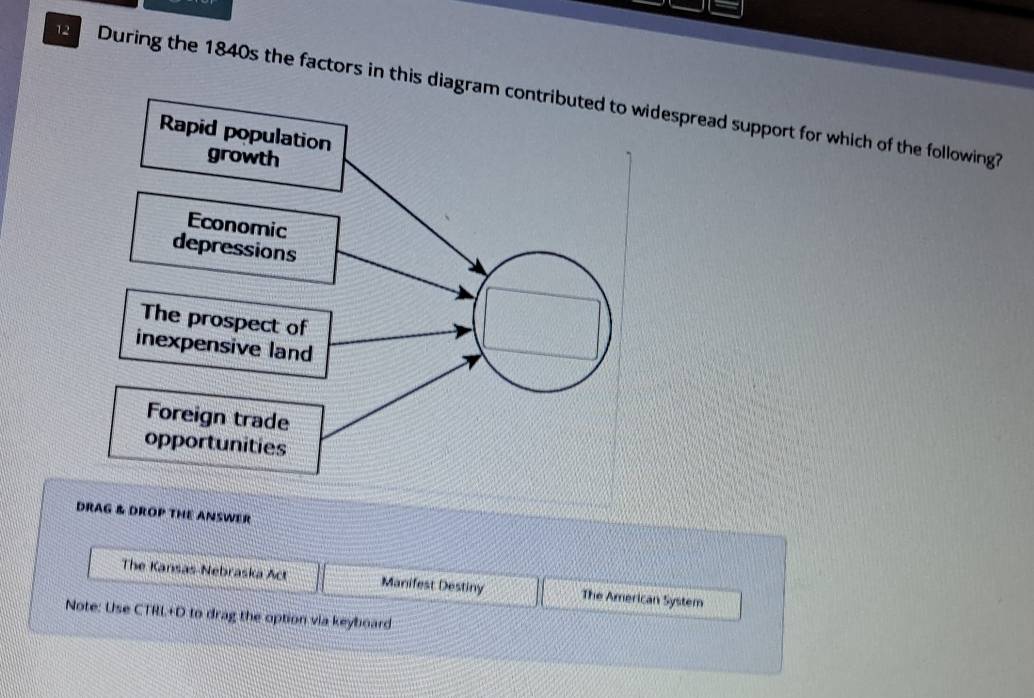 During the 1840s the factors in this diagrespread support for which of the following? 
DRAG & DROP THE ANSWER 
The Kansas-Nebraska Act Manifest Destiny The American System 
Note: Use CTRL+D to drag the option via keyboard