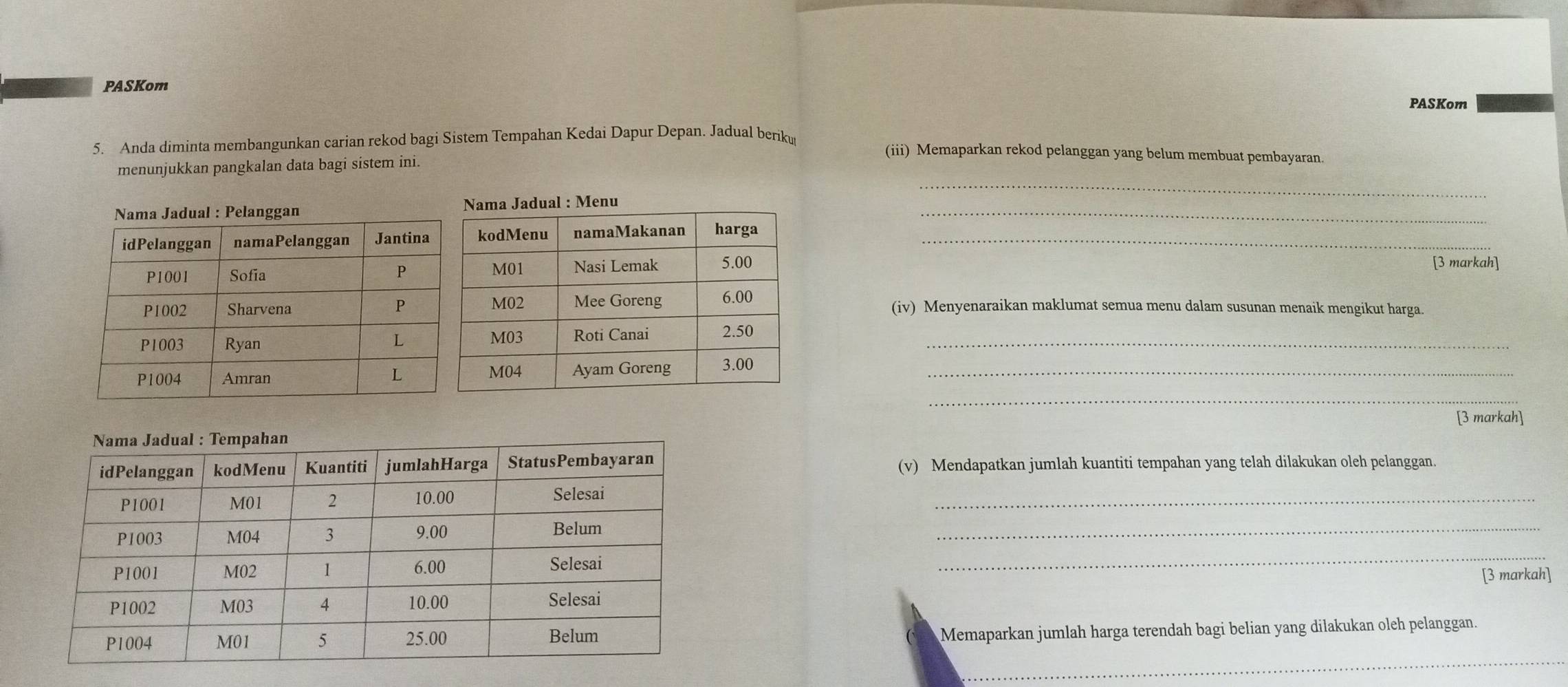 PASKom 
PASKom 
5. Anda diminta membangunkan carian rekod bagi Sistem Tempahan Kedai Dapur Depan. Jadual beriku 
(iii) Memaparkan rekod pelanggan yang belum membuat pembayaran. 
_ 
menunjukkan pangkalan data bagi sistem ini. 
_ 
_ 
[3 markah] 
(iv) Menyenaraikan maklumat semua menu dalam susunan menaik mengikut harga. 
_ 
_ 
_ 
[3 markah] 
(v) Mendapatkan jumlah kuantiti tempahan yang telah dilakukan oleh pelanggan. 
_ 
_ 
_ 
[3 markah] 
Memaparkan jumlah harga terendah bagi belian yang dilakukan oleh pelanggan. 
_