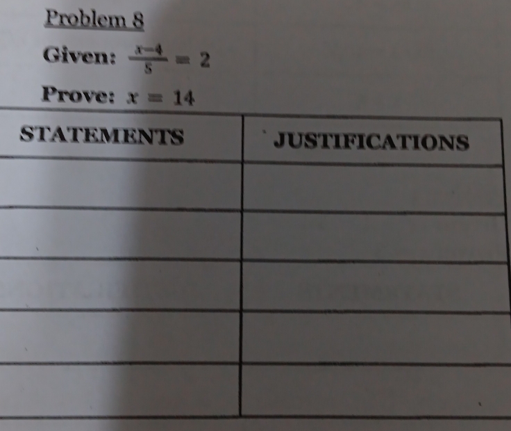 Problem 8
Given:  (x-4)/5 =2