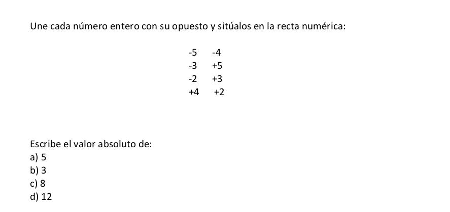 Une cada número entero con su opuesto y sitúalos en la recta numérica:
-5 -4
-3 +5
-2 +3
+4 +2
Escribe el valor absoluto de:
a) 5
b) 3
c) 8
d) 12