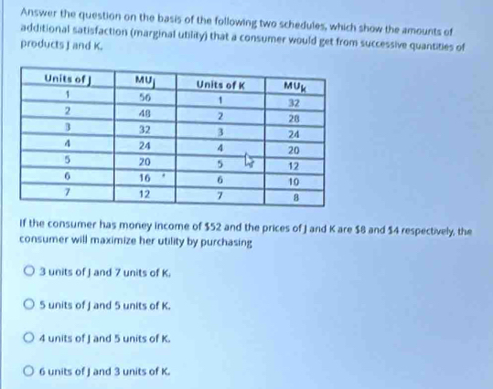 Answer the question on the basis of the following two schedules, which show the amounts of
additional satisfaction (marginal utility) that a consumer would get from successive quantities of
products J and K.
If the consumer has money income of $52 and the prices of J and K are $8 and $4 respectively, the
consumer will maximize her utility by purchasing
3 units of J and 7 units of K.
5 units of J and 5 units of K.
4 units of J and 5 units of K.
6 units of J and 3 units of K.