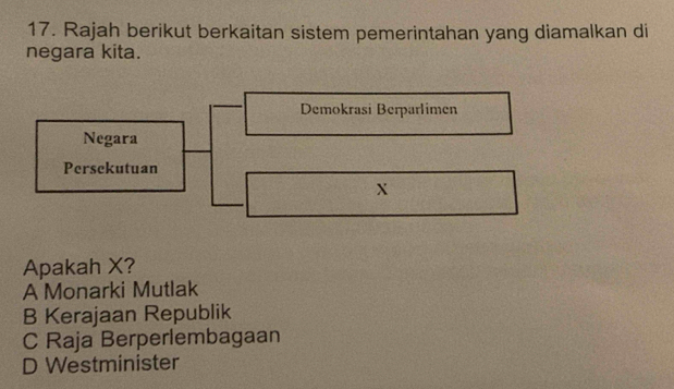 Rajah berikut berkaitan sistem pemerintahan yang diamalkan di
negara kita.
Demokrasi Berparlimen
Negara
Persekutuan
X
Apakah X?
A Monarki Mutlak
B Kerajaan Republik
C Raja Berperlembagaan
D Westminister