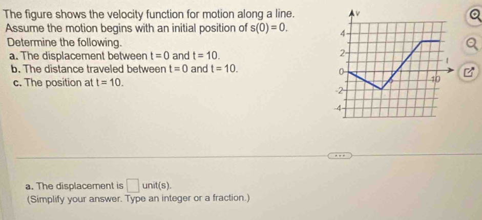 The figure shows the velocity function for motion along a line. 
Assume the motion begins with an initial position of s(0)=0. 
Determine the following. 
a. The displacement between t=0 and t=10. 
b. The distance traveled between t=0 and t=10. 
c. The position at t=10. 

a. The displacement is □ unit(s). 
(Simplify your answer. Type an integer or a fraction.)