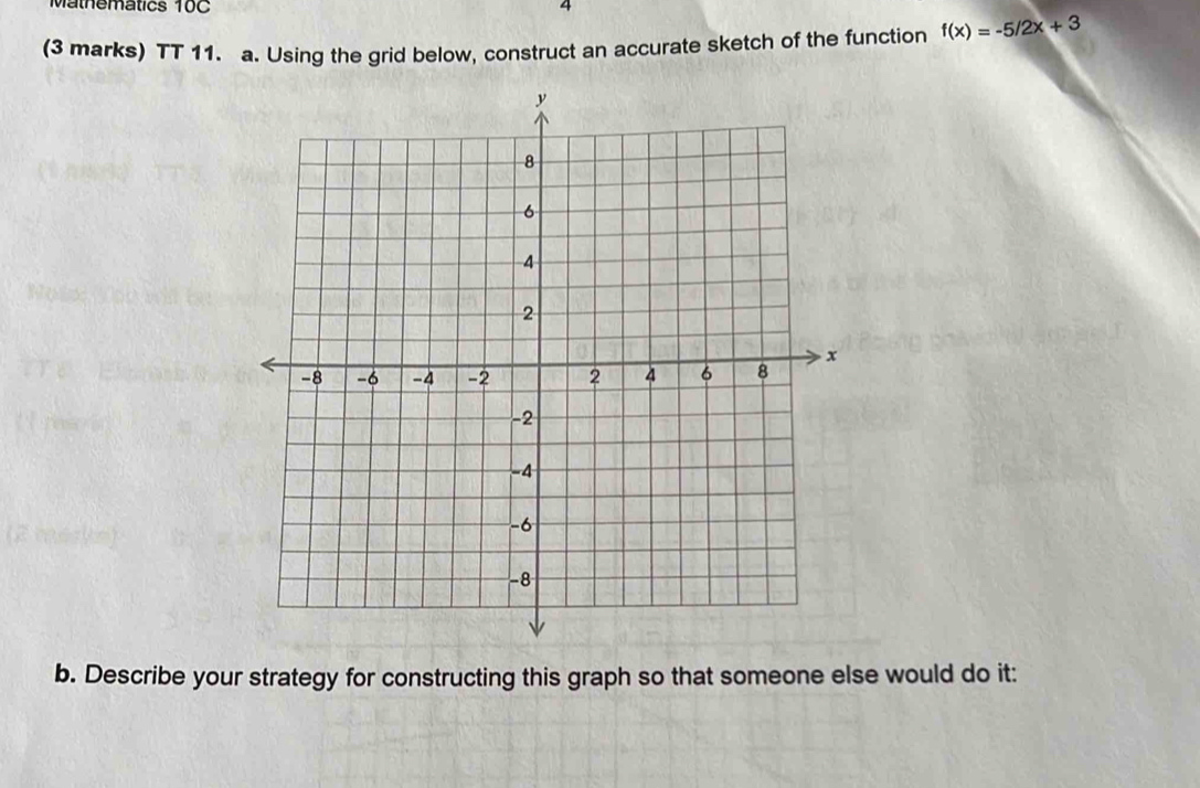 Mathematics 10C 
4 
(3 marks) TT 11. a. Using the grid below, construct an accurate sketch of the function f(x)=-5/2x+3
b. Describe your strategy for constructing this graph so that someone else would do it: