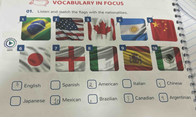 VOCABULARY IN FOCUS
01. Listen and match the flags with the nationalities.
English Spanish American Italian Chinese
Japanese Mexican Brazilian Canadian Argentinian