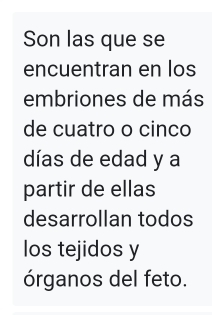 Son las que se 
encuentran en los 
embriones de más 
de cuatro o cinco 
días de edad y a 
partir de ellas 
desarrollan todos 
los tejidos y 
órganos del feto.