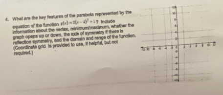 What are the key features of the parabola represented by the 
equation of the function g(x)=2(x-4)^2+1? Include 
information about the vertex, minimum/maximum, whether the 
graph opens up or down, the axis of symmetry if there is 
reflection symmetry, and the domain and range of the function. 
(Coordinate grid is provided to use, if helpful, but not 
required.)