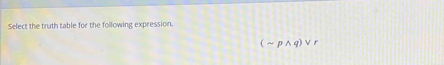 Select the truth table for the following expression.
(sim pwedge q)vee r