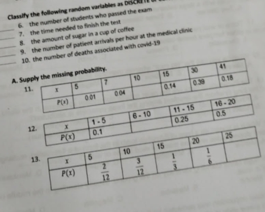 Classify the following random variables as Dis cR  t 
6. the number of students who passed the exam
_7. the time needed to finish the test
_8. the amount of sugar in a cup of coffee
_9. the number of patient arrivals per hour at the medical clinic
__ number of deaths associated with covid-19
A.