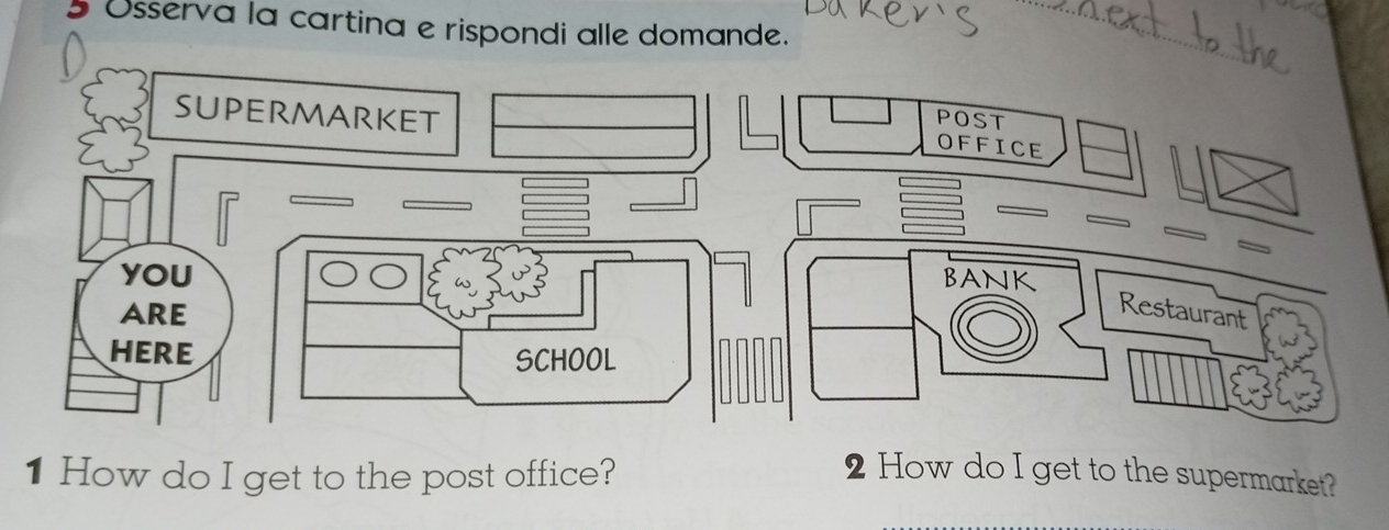 Usserva la cartina e rispondi alle domande. 
1 How do I get to the post office? 2 How do I get to the supermarket?