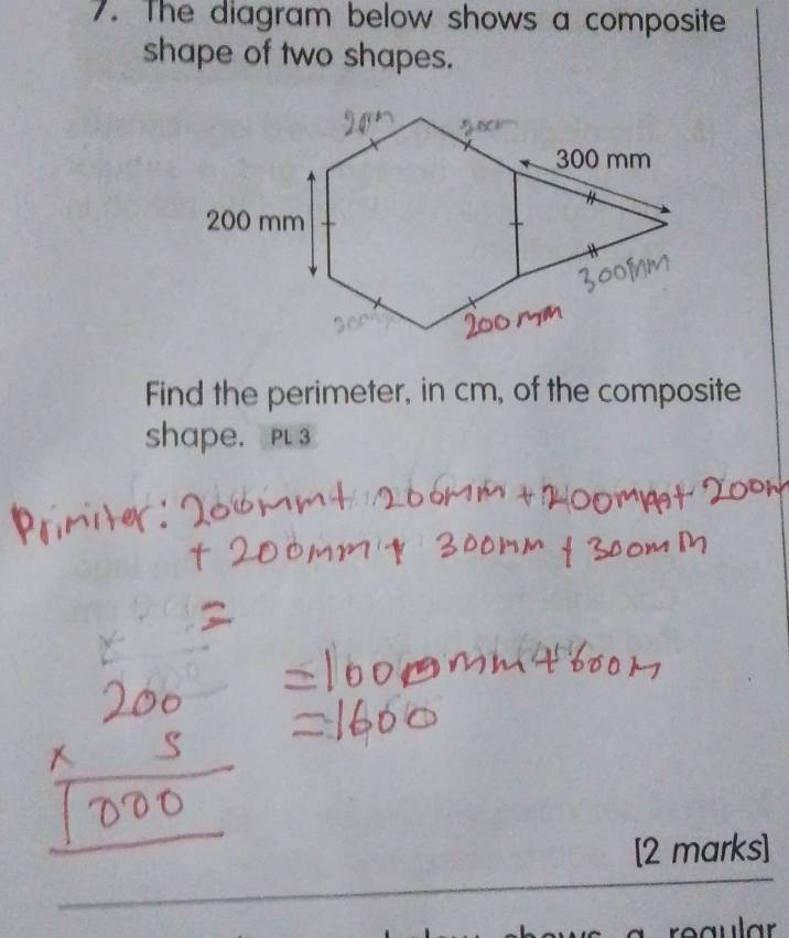 The diagram below shows a composite 
shape of two shapes. 
Find the perimeter, in cm, of the composite 
shape. p 3 
[2 marks]