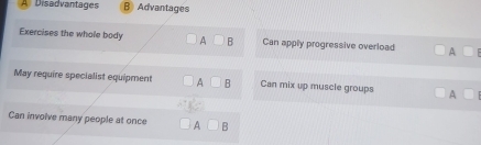 A Disadvantages BAdvantages
Exercises the whole body A□ B Can apply progressive overload A
May require specialist equipment □ A□ B Can mix up muscle groups A
Can involve many people at once □ A□ B