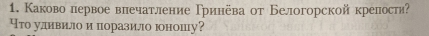 Каково лервое внечатление Тринева от Белогорской крелости? 
Что удивило и поразило гоношу?