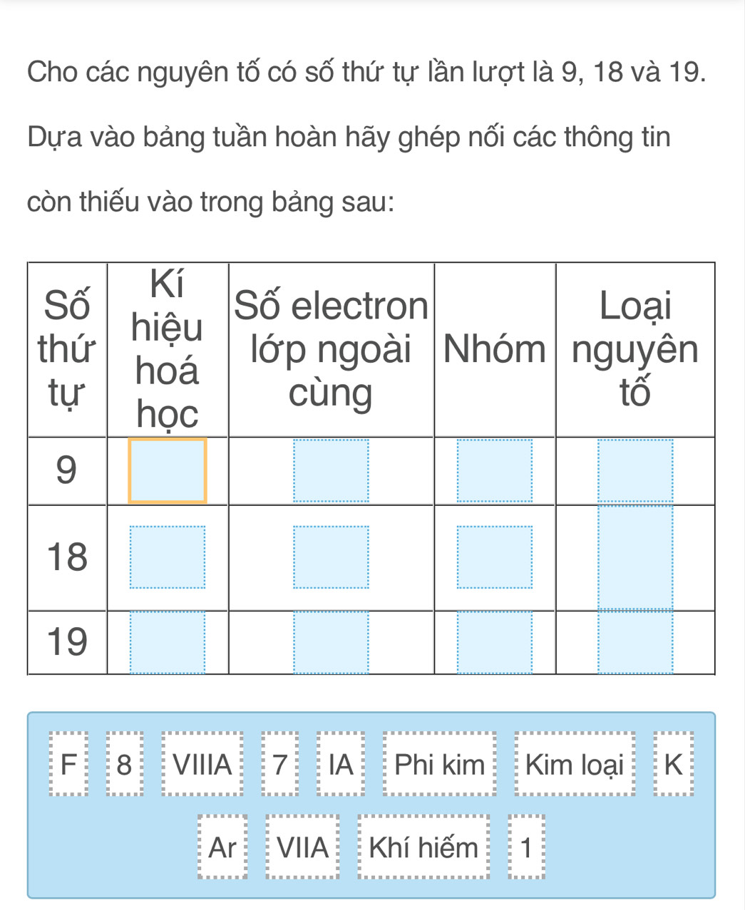 Cho các nguyên tố có số thứ tự lần lượt là 9, 18 và 19. 
Dựa vào bảng tuần hoàn hãy ghép nối các thông tin 
còn thiếu vào trong bảng sau: 
F 8 VIIIA 7 IAN Phi kim Kim loại K 
Ar VIIA Khí hiếm 1