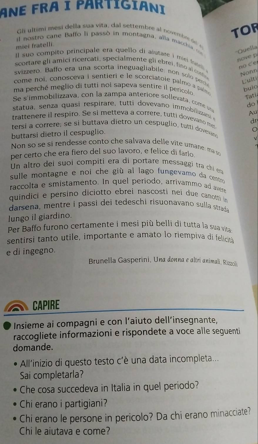 ANÉ FRA I PARTIGIANI
TOR
Gli u ltim i  esi  della su a  vita  d     ttembre a  no mbr  d  
il nstro  cane B affo li passo  in montagna, alla  ma chi  c 'Quella
miei fratelli.
nove p
l suo compito principale era quello di aiutare i miei fratell 
no ce
scortare gli amici ricercati, specialmente gli ebrei, fino al confin
Nonn
svizzero. Baffo era una scorta ineguagliabile: non solo perch
Culti
come noi, conosceva i sentieri e le scorciatoie palmo a palmo
ma perché meglio di tutti noi sapeva sentire il pericolo
buio
Tati
Se s'immobilizzava, con la zampa anteriore sollevata, come una
do 
statua , senza quasi respirare, tutti dovevano immobilizzarsi 
Au
trattenere il respiro. Se si metteva a correre, tutti dovevano met
dr
tersi a correre; se si buttava dietro un cespuglio, tutti dovevano
buttarsi dietro il cespuglio.
√
Non so se si rendesse conto che salvava delle vite umane: ma so
per certo che era fiero del suo lavoro, e felice di farlo.
Un altro dei suoi compiti era di portare messaggi tra chi era
sulle montagne e noi che giù al lago fungevamo da centro 
raccolta e smistamento. In quel periodo, arrivammo ad avere
quindici e persino diciotto ebrei nascosti nei due canotti in 
darsena, mentre i passi dei tedeschi risuonavano sulla strada 
lungo il giardino.
Per Baffo furono certamente i mesi più belli di tutta la sua vita:
sentirsi tanto utile, importante e amato lo riempiva di felicità
e di ingegno.
Brunella Gasperini, Una donna e altri animali, Rizzoli
CAPIRE
Insieme ai compagni e con l’aiuto dell’insegnante,
raccogliete informazioni e rispondete a voce alle seguenti
domande.
All'inizio di questo testo c'è una data incompleta...
Sai completarla?
Che cosa succedeva in Italia in quel periodo?
Chi erano i partigiani?
Chi erano le persone in pericolo? Da chi erano minacciate?
Chi le aiutava e come?