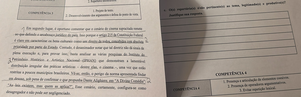 soclocu na 
c. O(s) repertório(s) é/são pertinente(s) ao tema, legitimado(s) e produtivo(s)? 
Justifique sua resposta 
Em segundo lugar, é oportuno comentar que o cenário do cinema supracitado remete 
ao que defende o arcabouço jurídico do país. Isso porque o artigo 215 da Constituição Federal 
é claro em caracterizar os bens culturais como um direito de todos, concebidos com absoluta 
prioridade por parte do Estado. Contudo, é desanimador notar que tal diretriz não dá sinais de 
plena execução e, para provar isso, basta analisar as várias pesquisas do Instituto do 
Patrimônio Histórico e Artístico Nacional (IPHAN) que demonstram a lamentável 
distribuição irregular das práticas artísticas - dentre elas, o cinema -, uma vez que estão 
restritas a poucos municípios brasileiros. Vê-se, então, o perigo da norma apresentada findar 
COMPETÊNCIA 4 
em desuso, sob pena de confirmar o que propunha Dante Alighiere, em “A Divina Comédia”: 1. Presença e articulação de elementos coesivos. 
“As leis existem, mas quem as aplica?”. Esse cenário, certamente, configura-se como COMPETÊNCIA 4 
2. Presença de operadores argumentativos. 
3. Evitar repetição lexical. 
desagregador e não pode ser negligenciado.