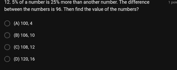 5% of a number is 25% more than another number. The difference 1 poir
between the numbers is 96. Then find the value of the numbers?
(A) 100, 4
(B) 106, 10
(C) 108, 12
(D) 120, 16