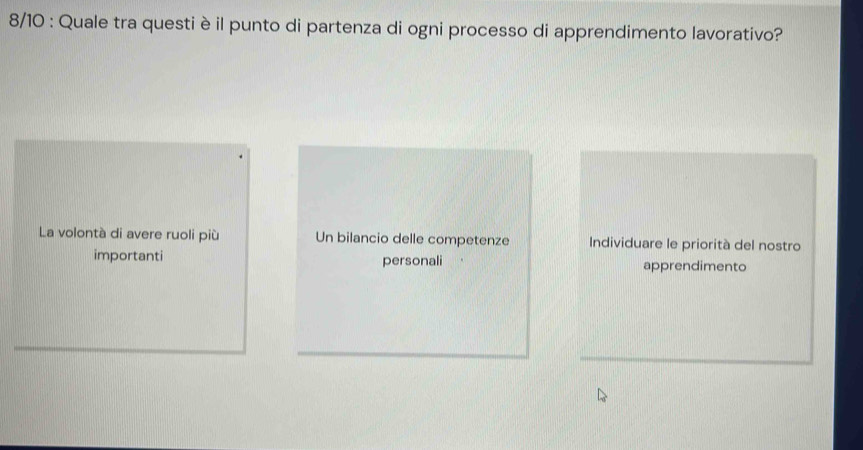 8/10 : Quale tra questi è il punto di partenza di ogni processo di apprendimento lavorativo?
La volontà di avere ruoli più Un bilancio delle competenze Individuare le priorità del nostro
importanti personali apprendimento