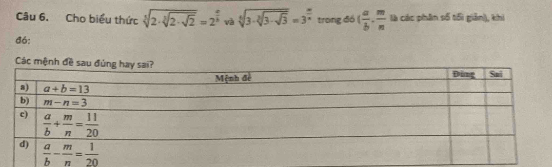 Cho biểu thức sqrt[5](2· sqrt [3]2· sqrt 2)=2^(frac circ)b và sqrt[6](3· sqrt [3]3· sqrt 3)=3^(frac m)n trong đó ( a/b . m/n  là các phân số tối giản), khi
đó:
Các m