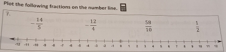 Plot the following fractions on the number line. 
7.
- 14/5  - 12/4   58/10   1/2 