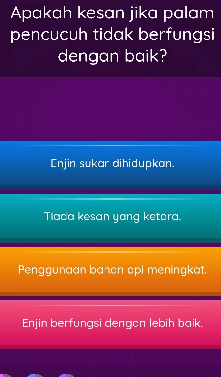 Apakah kesan jika palam
pencucuh tidak berfungsi
dengan baik?
Enjin sukar dihidupkan.
Tiada kesan yang ketara.
Penggunaan bahan api meningkat.
Enjin berfungsi dengan lebih baik.