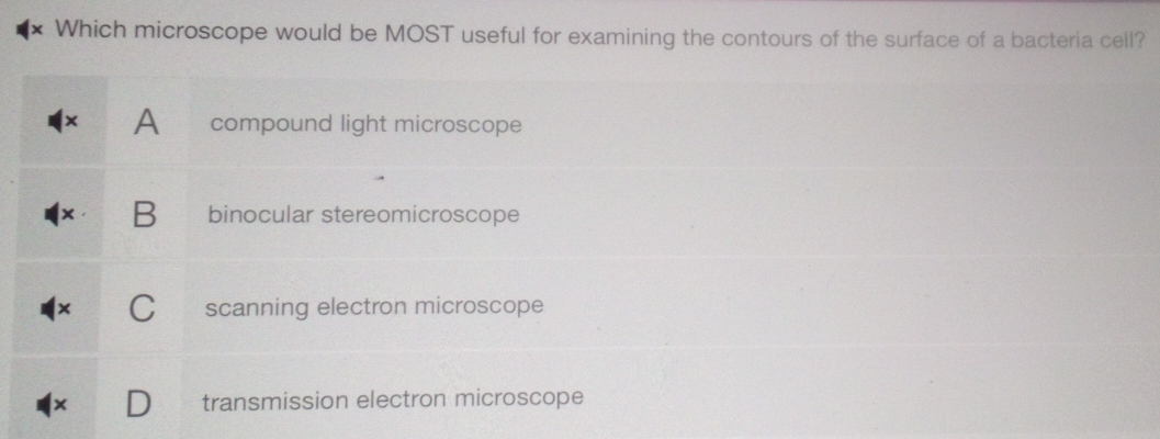 Which microscope would be MOST useful for examining the contours of the surface of a bacteria cell?
A compound light microscope
B binocular stereomicroscope
scanning electron microscope
transmission electron microscope